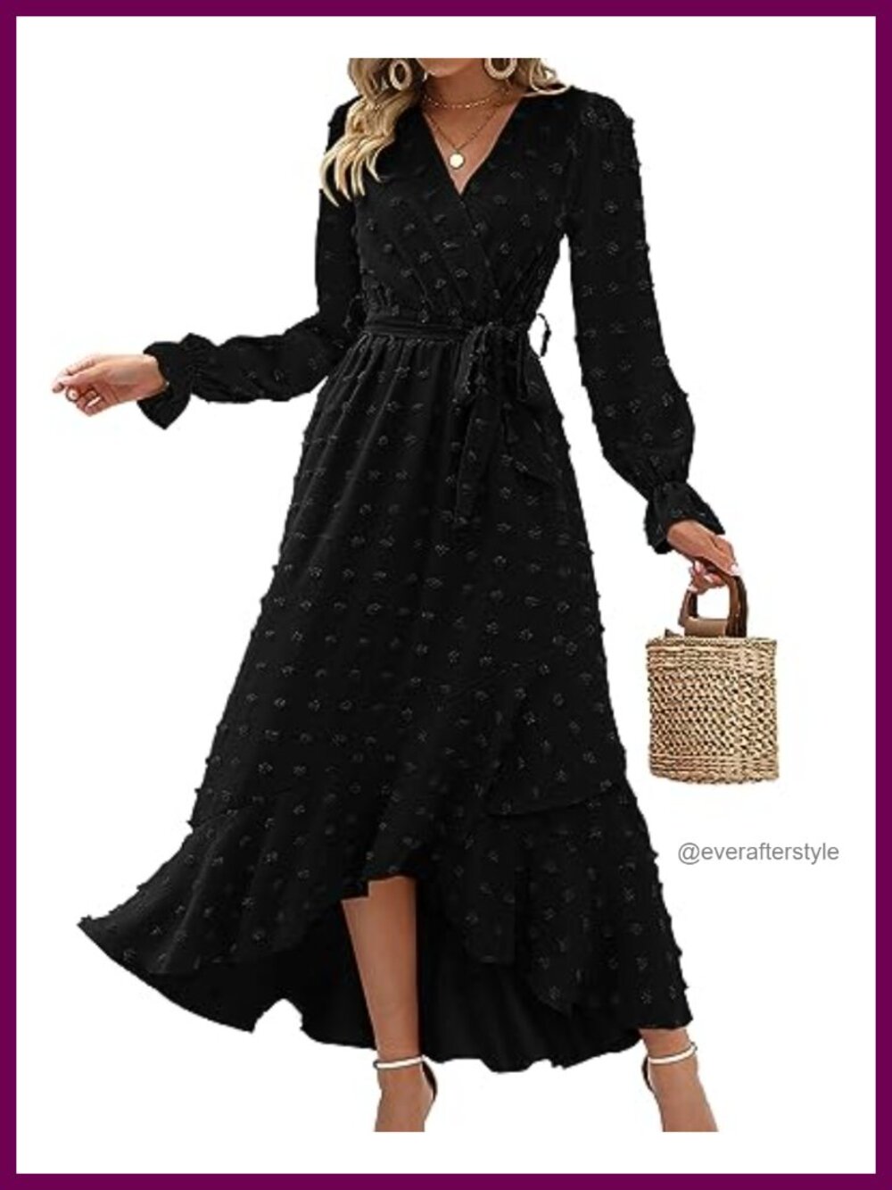Long Sleeve Wrap V Neck Maxi Dress Swiss Dot A-Line High Low Hem